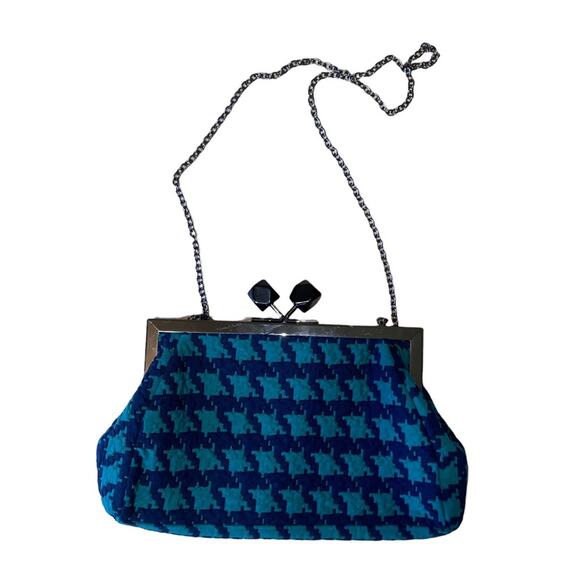 La Je Houndstooth Print Satchel Kisslock Shoulder Purse Vintage Blue and green - Picture 1 of 5